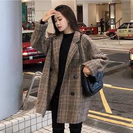 韩版宽松格子毛呢外套女短款小个子西装呢子大衣学生秋冬新款