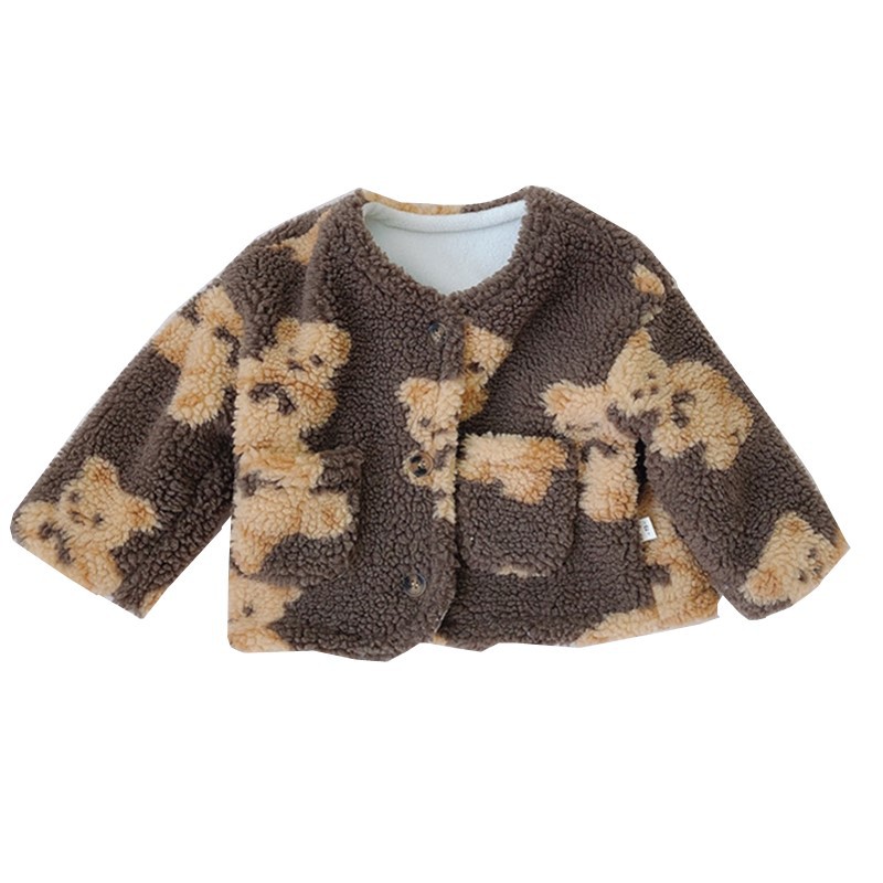 Ropa de invierno para Bebés Ropa de estilo coreano para niños bebé oso cabeza abrigo bebé niña forrado de lana cálida capa superior de dibujos animados