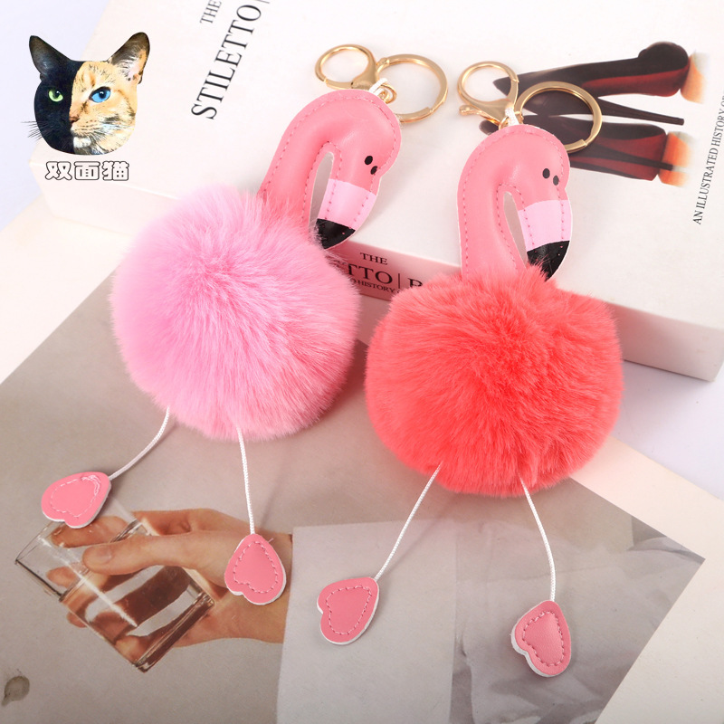 Cross-border for Flamingo fur ball key chain pendant ladies fur bag jewelry key ring foreign trade