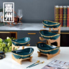 Emerald double -layer multifunctional fruit plate bamboo wooden shelf ceramic dried fruit plate living room double Phyanside ingot multi -layer fruit basket