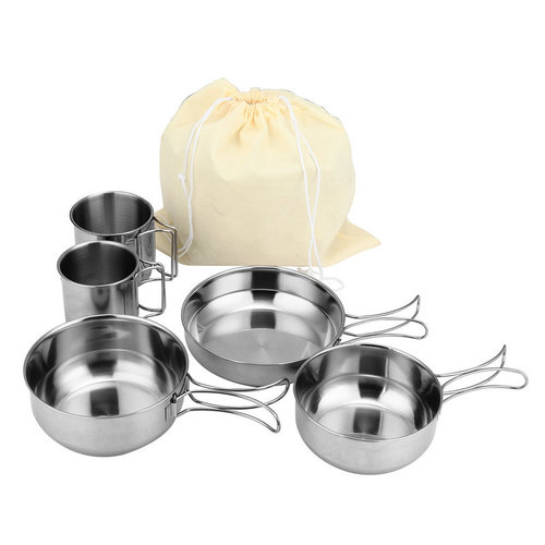 Outdoor five-piece pot set 304 stainless steel cookware mountaineering picnic set bowl portable soup pot storage multi-function pot