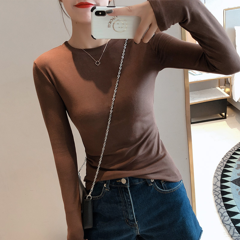 2022 봄 뉴 그레이 라운드넥 이너 베이스 셔츠 솔리드 컬러 슬림핏 슬리밍 긴팔 티셔츠 여성 탑 올매치