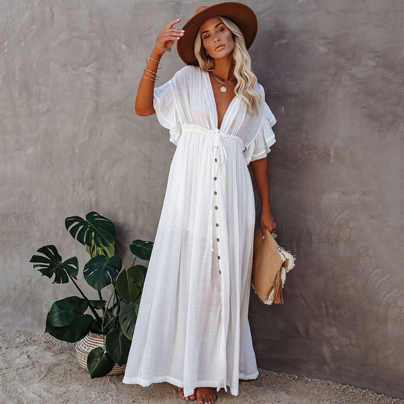 New Bamboo Cloth Button Waist Rope Long Skirt Cardigan Vacation Beach Jacket Sun Protection Clothing Long Skirt Bikini Cover-Up for Women