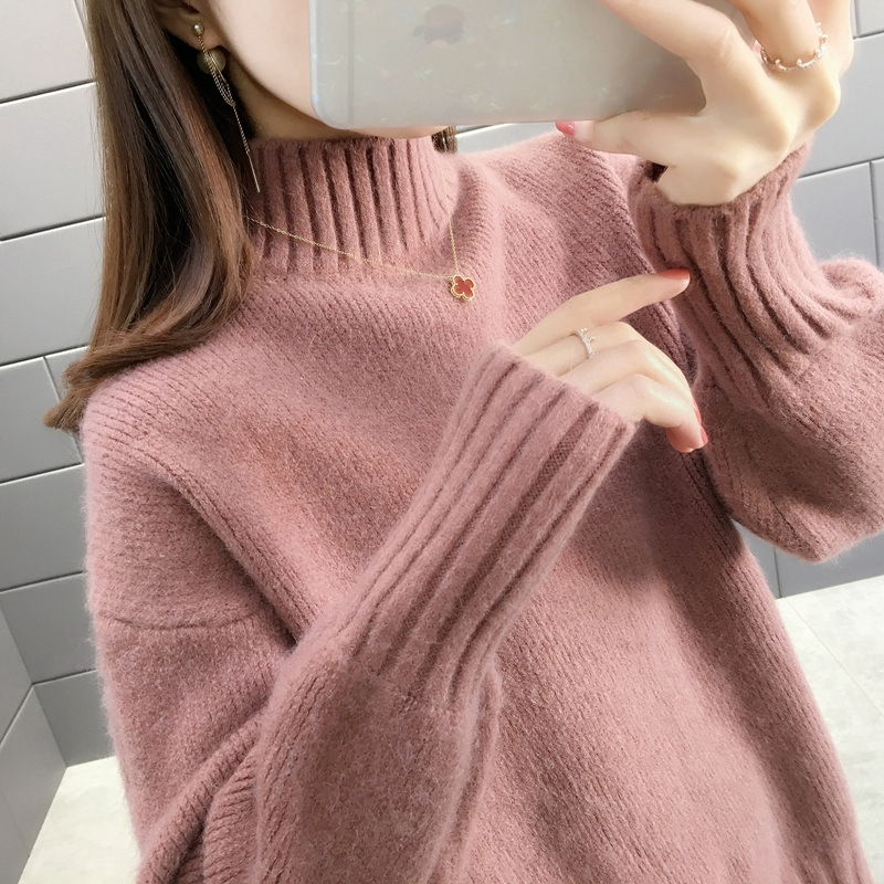 2020秋冬新款半高领纯色开叉套头针织衫加厚打底衫上衣内搭女