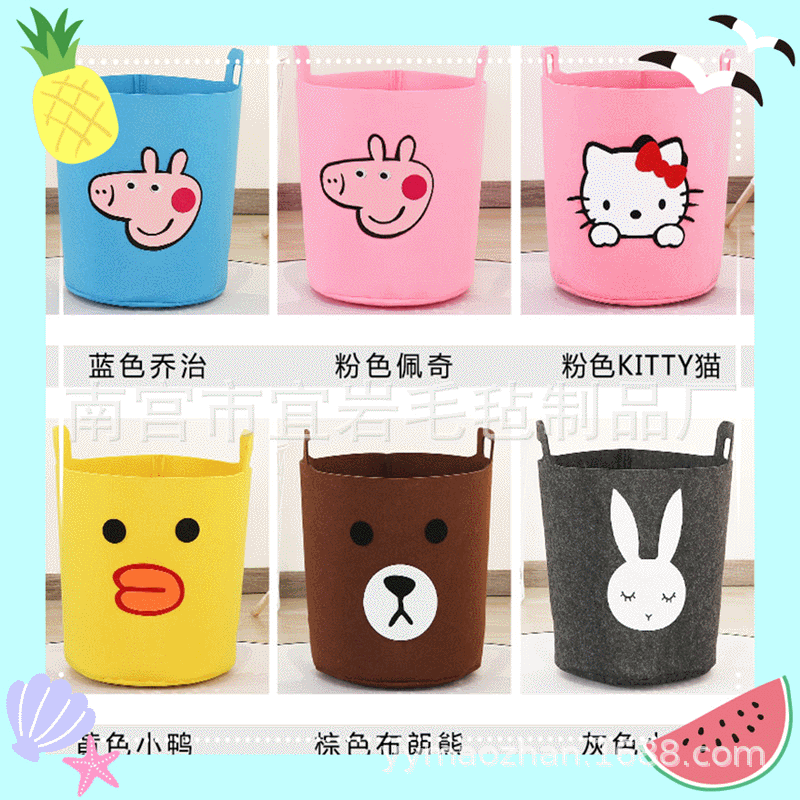 现货批发毛毡收纳桶 大容量玩具收纳筐家居用品圆形毛毡卡通收纳