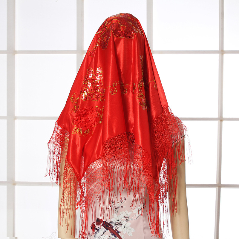 结婚喜庆用品盖头中式出嫁婚礼头纱盖头新娘红色结婚蕾丝绸缎盖头