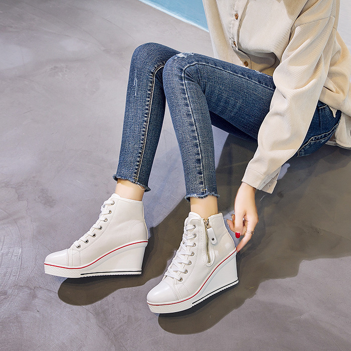 2021新款韩版大码帆布鞋女坡跟侧拉链8厘米增高休闲高帮帆布鞋女