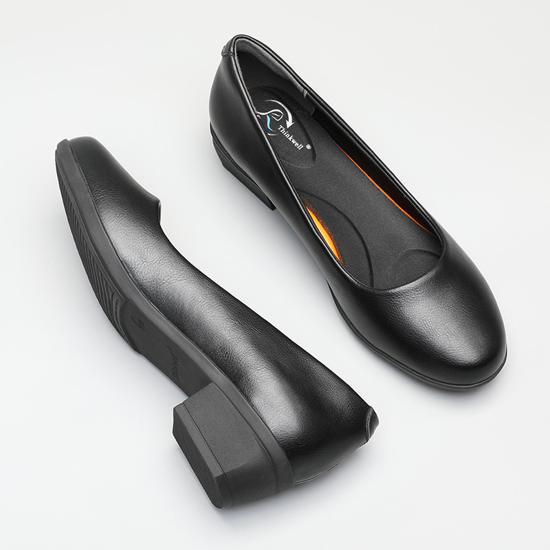 Work Shoes Women's Black Flats Autumn and Winter New Style Medium Heel Thick Heel Pointed Toe Shallow Mouth Leather Shoes Round Toe Small Size Large Size Women's Shoes