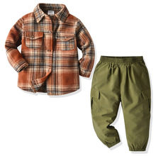 儿童套装2020春秋男童格子磨毛加厚衬衫军绿长裤套装一件代发