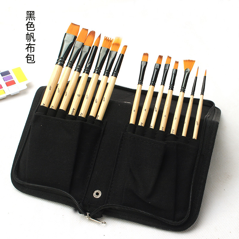 Traje de cepillo de nylon transfronterizo 14 Negro/albaricoque acuarela gouache acrílico aceite cepillo bolsa de lona gratis