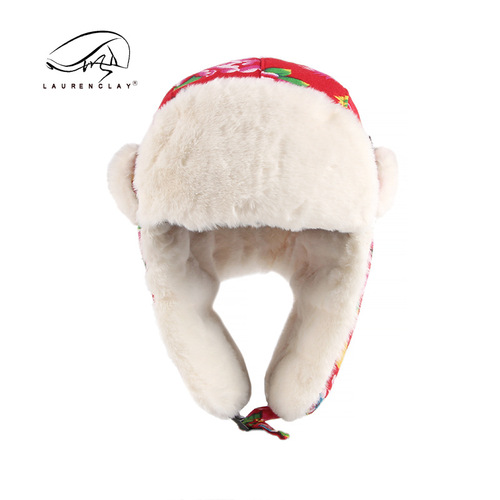 Baby and Parent Gift Northeast Large Flower Fabric Lei Feng Hat for Men and Women Winter Outdoor Cycling Windproof Ear Protection Cold Prevention Hat Festive Trendy