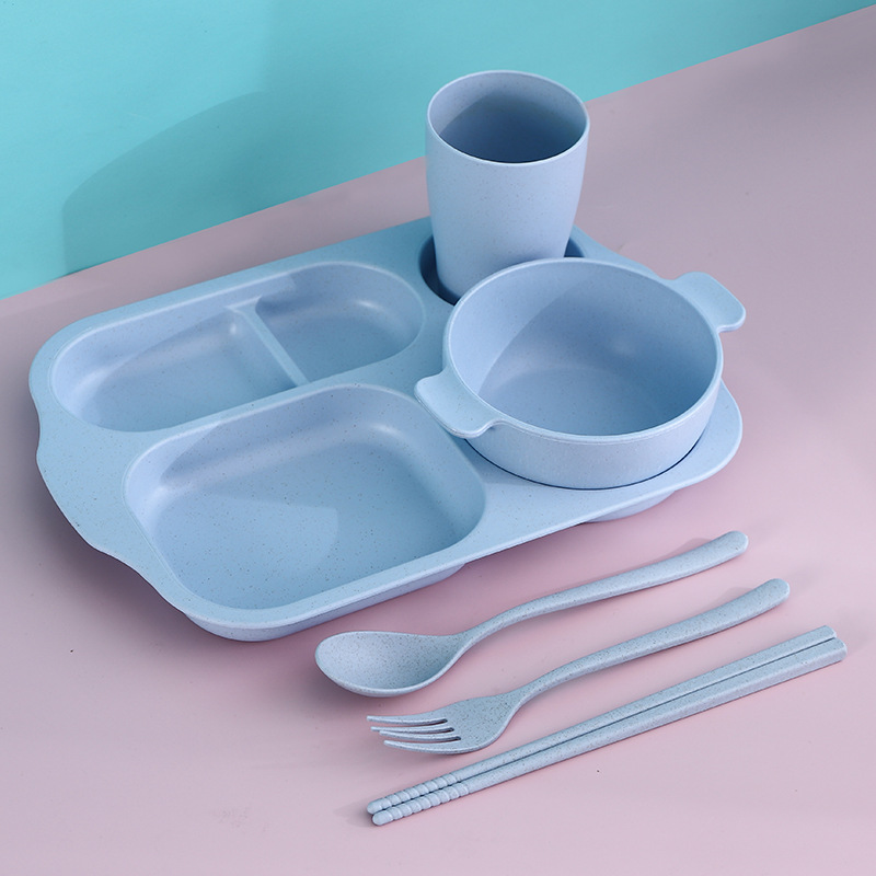 Plato de rejilla de jardín de infantes de trigo juego de seis piezas palillos resistentes a caídas tenedor cuchara taza tazón de arroz traje de vajilla para niños