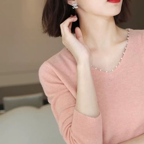 Beaded hand-nailed pearl V-neck sweater 2024 autumn and winter new style women's long-sleeved pullover ladylike temperament women's top