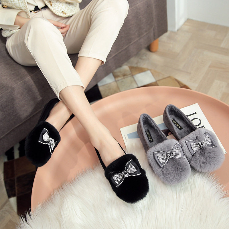 Giày lười nữ đế bệt lông thỏ trang trí nơ, giữ ấm — Màu xám, Màu đen