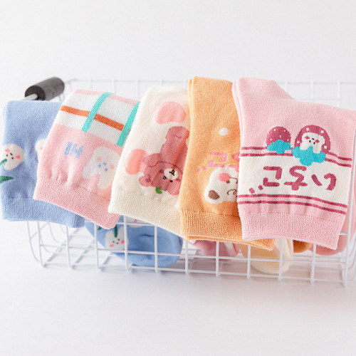 Korean cute Japanese marshmallow plaid bear cotton mid-tube rabbit sweet soft girl mid-length sports socks