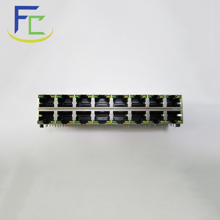 双层交换机专用 RJ45网口双层 2*8带灯屏蔽网口插座连接器