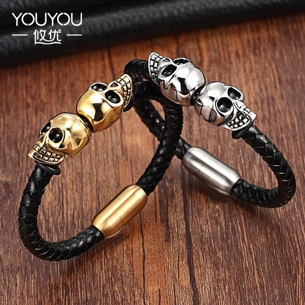 Braided Men's Titanium Steel Cowhide Bracelet Jewelry Personalized Skull Stainless Steel Leather Bracelet Leather Rope Bracelet