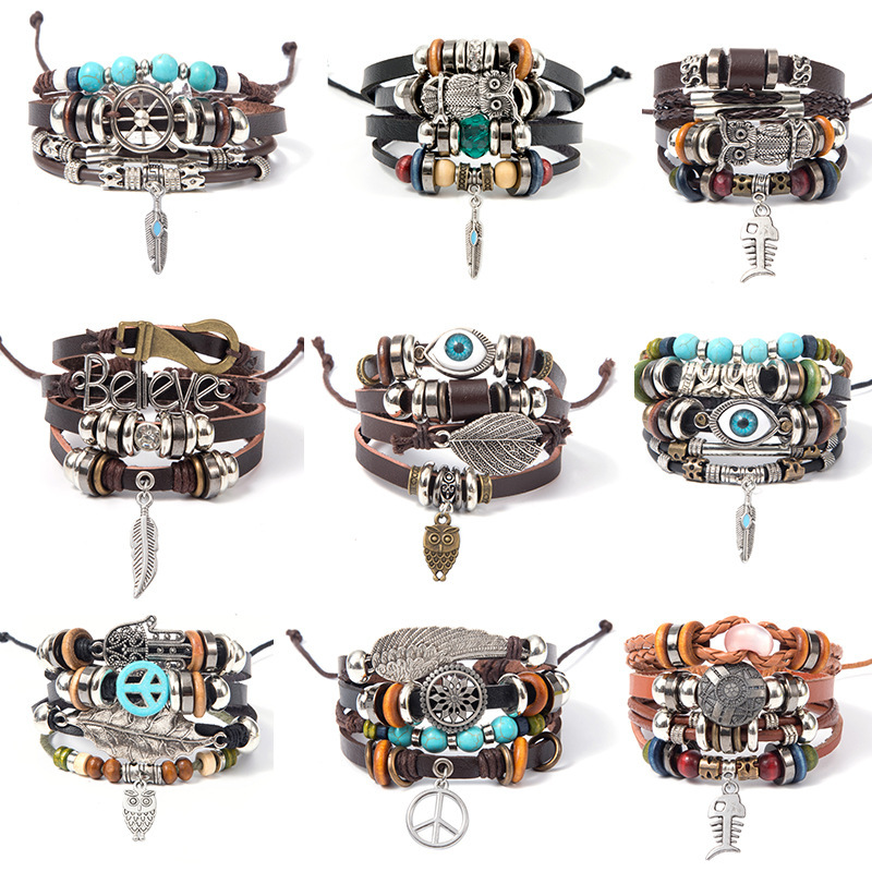 Cross-border Turquoise Men's Woven Leather Wooden Bead Bracelet Multi-layer Pendant Beaded Women's Bracelet DIY Couples Cross-border Turquoise Men's Woven Leather Wooden Bead Bracelet Multi-layer Pendant Beaded Women's Bracelet DIY Couples