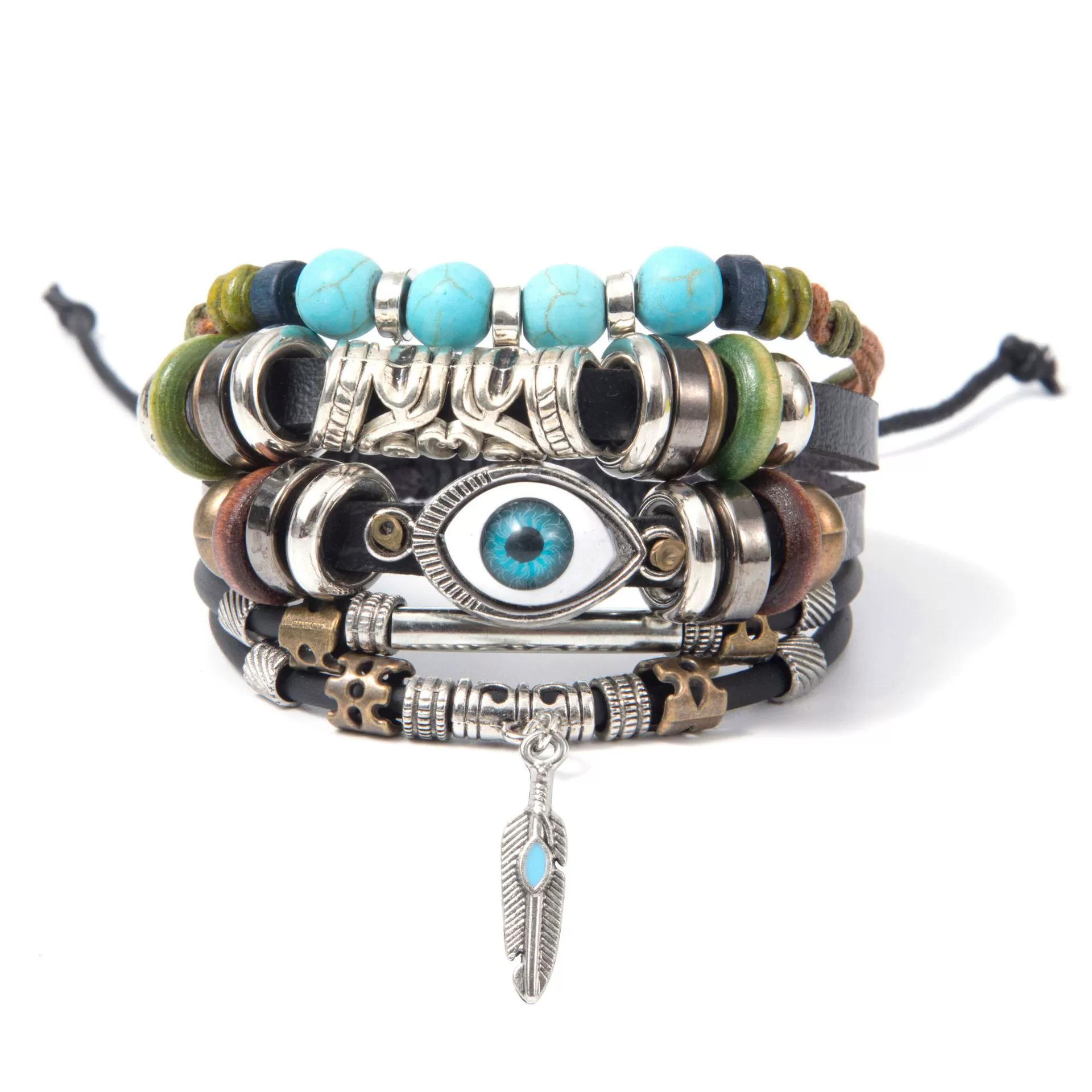 Кожаный браслет RH002, кожа + сплав + PU переплетение, регулируется до 18 см, этнический многоузорный дизайн