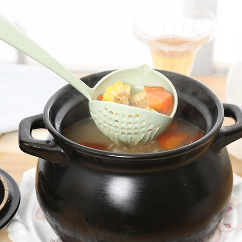 Wheat straw colander, long-handled plastic large spoon, colander, two-in-one practical tableware, hot pot oil leaking spoon