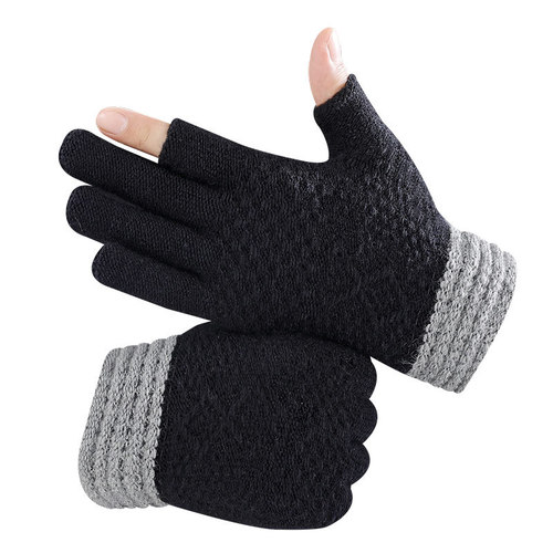 Winter two-fingered gloves for men and women, new style office writing and typing fingerless warm color-blocked knitted gloves