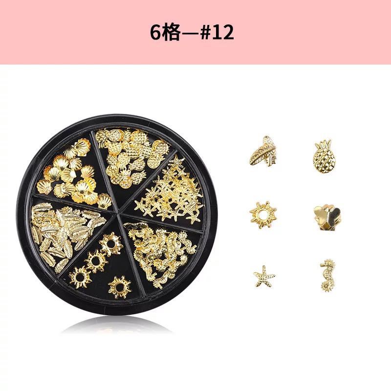Joyería de uñas en caja taladro Perla metal remache lámina oro Shell rhinestone traje mezclado pequeña joyería al por mayor