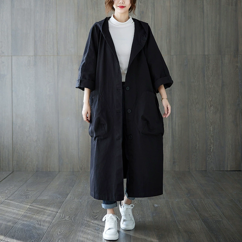 Длинный плащ с капюшоном, Oversize макси-жакет, Осень отдыха, один размер