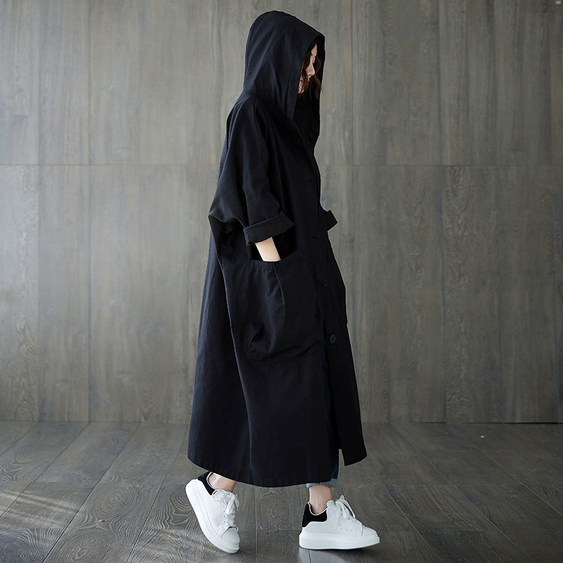 Длинный плащ с капюшоном, Oversize макси-жакет, Осень отдыха, один размер