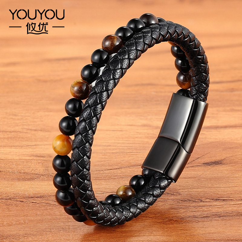 공장 도매 유럽과 미국 가죽 로프 팔찌 펑크 스타일 다크 버클 레트로 티타늄 스틸 남성 팔찌 새로운 추천