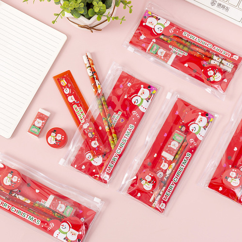 Christmas Stationery Set Pencil Eraser Sharpener Ruler Pull Side Bag Student Stationery Supplies Holiday Gift T