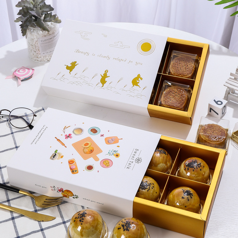 Caja de embalaje crujiente de yema de huevo de 6 granos impresión en color dorado caja de regalo de cartón dorado pintada a mano caja de cajón de pastelería de pastel de Luna