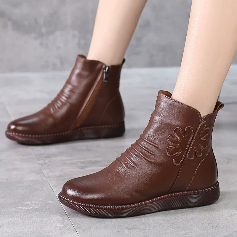 Теплый обувь для матери, тёплые комфортные низкие сапоги, натуральная кожа, гибкая подошва