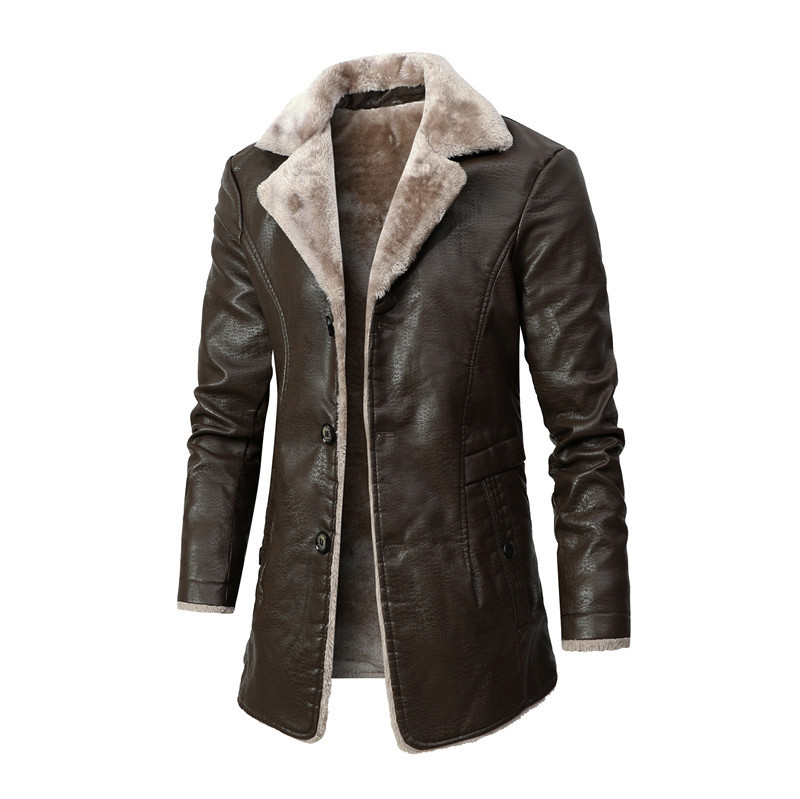 Men's Mid-Length Leather Jacket for Middle-Aged and Elderly People in Autumn and Winter Business European Size Plus Velvet Large Lapel Suit Leather Plush Jacket for Men Men's Mid-Length Leather Jacket for Middle-Aged and Elderly People in Autumn and Winter Business European Size Plus Velvet Large Lapel Suit Leather Plush Jacket for Men