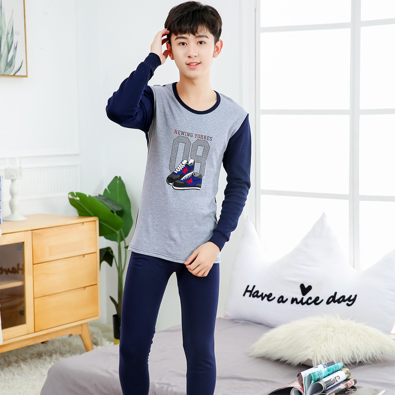 Ropa de otoño para niños medianos y grandes para hombres pantalones largos traje suéter de algodón de Cuello medio alto adolescentes estudiantes de secundaria cubierta de ropa interior cálida de algodón puro