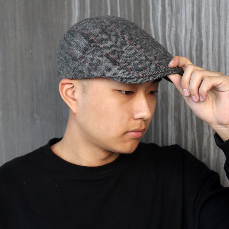 Wool Wool Beret Men's Winter Warm Cap Women's Plaid Forward Cap Bud Cap Herringbone Forward Cap