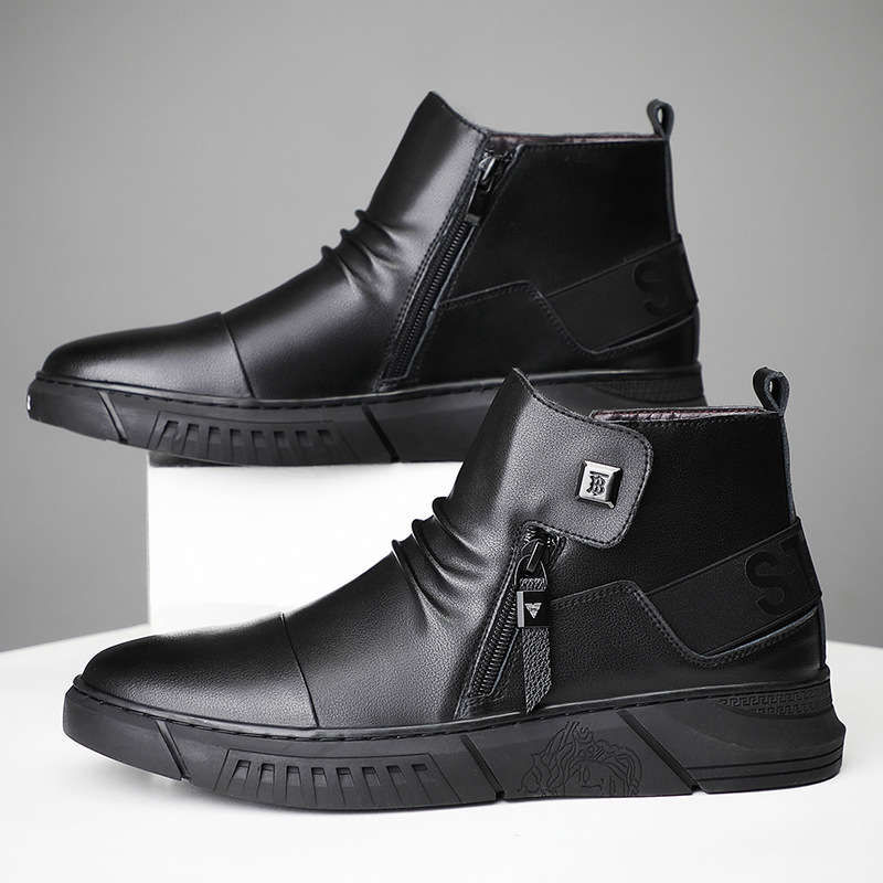 Invierno de cuero genuino de lana caliente de algodón acolchado Zapatos altos Martin botas Chelsea botas jóvenes de moda forrado de lana zapatos de los hombres zapatos de cuero