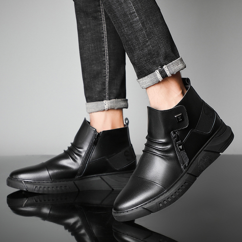 Invierno de cuero genuino de lana caliente de algodón acolchado Zapatos altos Martin botas Chelsea botas jóvenes de moda forrado de lana zapatos de los hombres zapatos de cuero