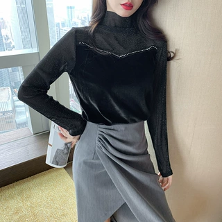 元芝秋冬新款亮丝网纱打底衫女长袖丝绒拼接性感洋气蕾丝衫上衣潮