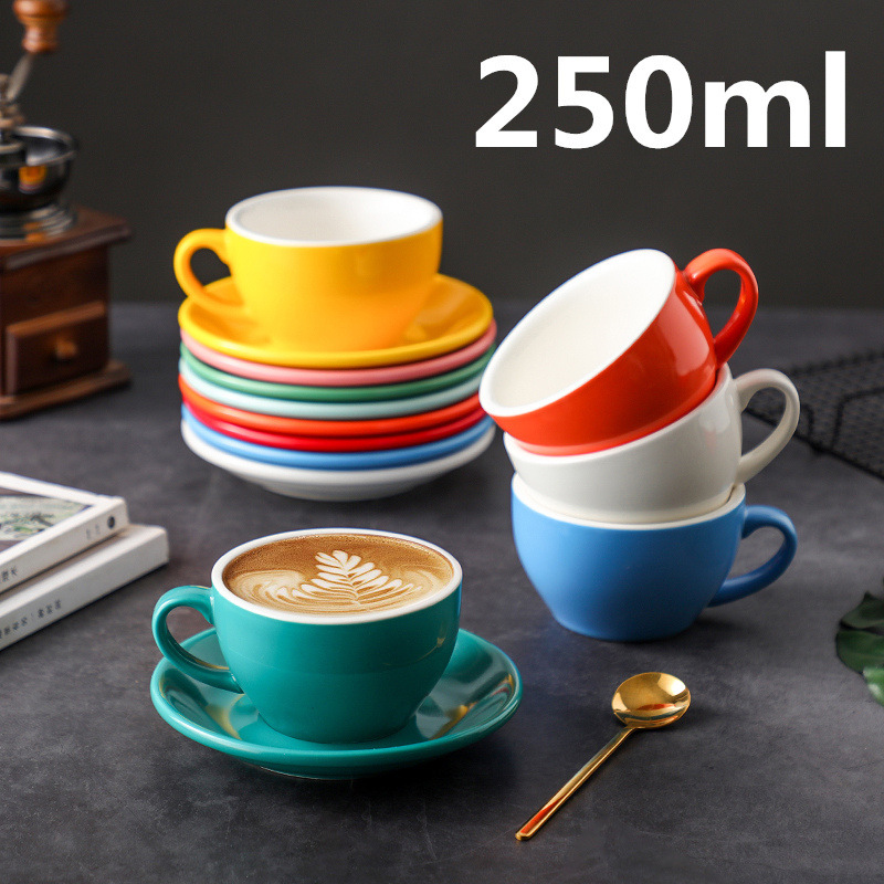 Color glaze thickened ceramic cappuccino latte cup set professional draw cup standard competition big mouth 250ml