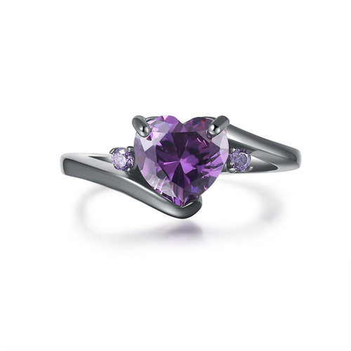 European and American popular black gold women's ring heart shape purple zircon ring Amazon hot selling jewelry wholesale