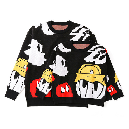 Parent-child sweater, autumn and winter round neck open knitted sweater, cartoon and animation, one family of three or four, family set, couple set