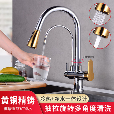 Brass Nordic Black Gold Kitchen Sink Hot and Cold Faucet Sink Laundry Sink Pull-Out Rotatable Single Hole