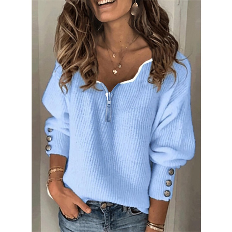 2022 European and American cross-border autumn and winter New Fashion women's clothing Amazon solid color zipper knitted V-neck loose long 2022 European and American cross-border autumn and winter New Fashion women's clothing Amazon solid color zipper knitted V-neck loose long