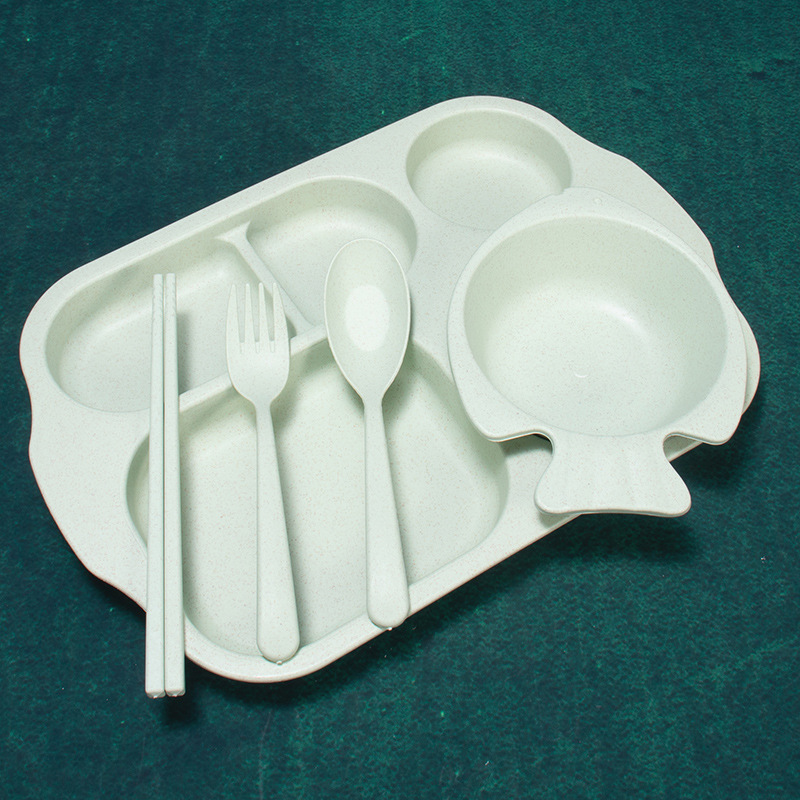 Paja DE TRIGO vajilla para niños cinco piezas traje separado plato pecera palillos tenedor cuchara engrosada Anti-escaldado 5 piezas creativas image 10