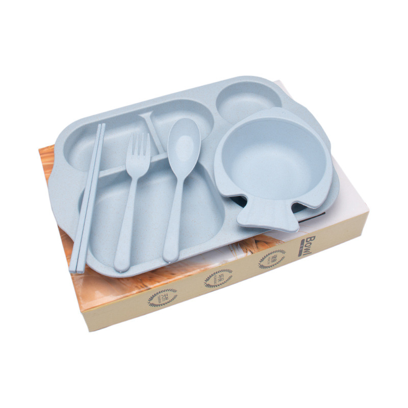 Paja DE TRIGO vajilla para niños cinco piezas traje separado plato pecera palillos tenedor cuchara engrosada Anti-escaldado 5 piezas creativas image 7