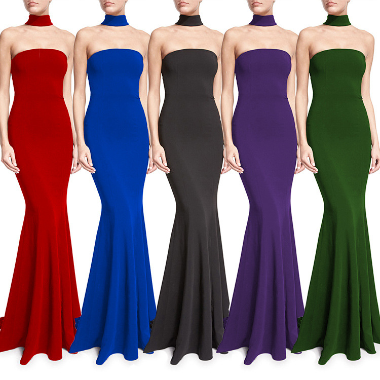 2024 European and American Cross-Border New Dress Long Skirt Amazon Dress Wholesale Fashion Fishtail Halter Evening Dress