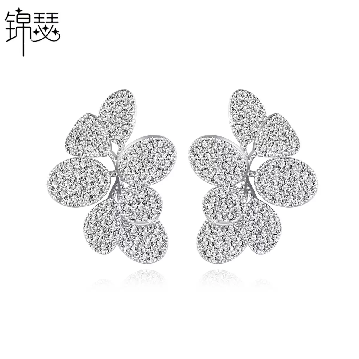 锦瑟 花朵耳环花瓣微镶锆石 法式浪漫耳钉 新款时尚欧美气质耳饰