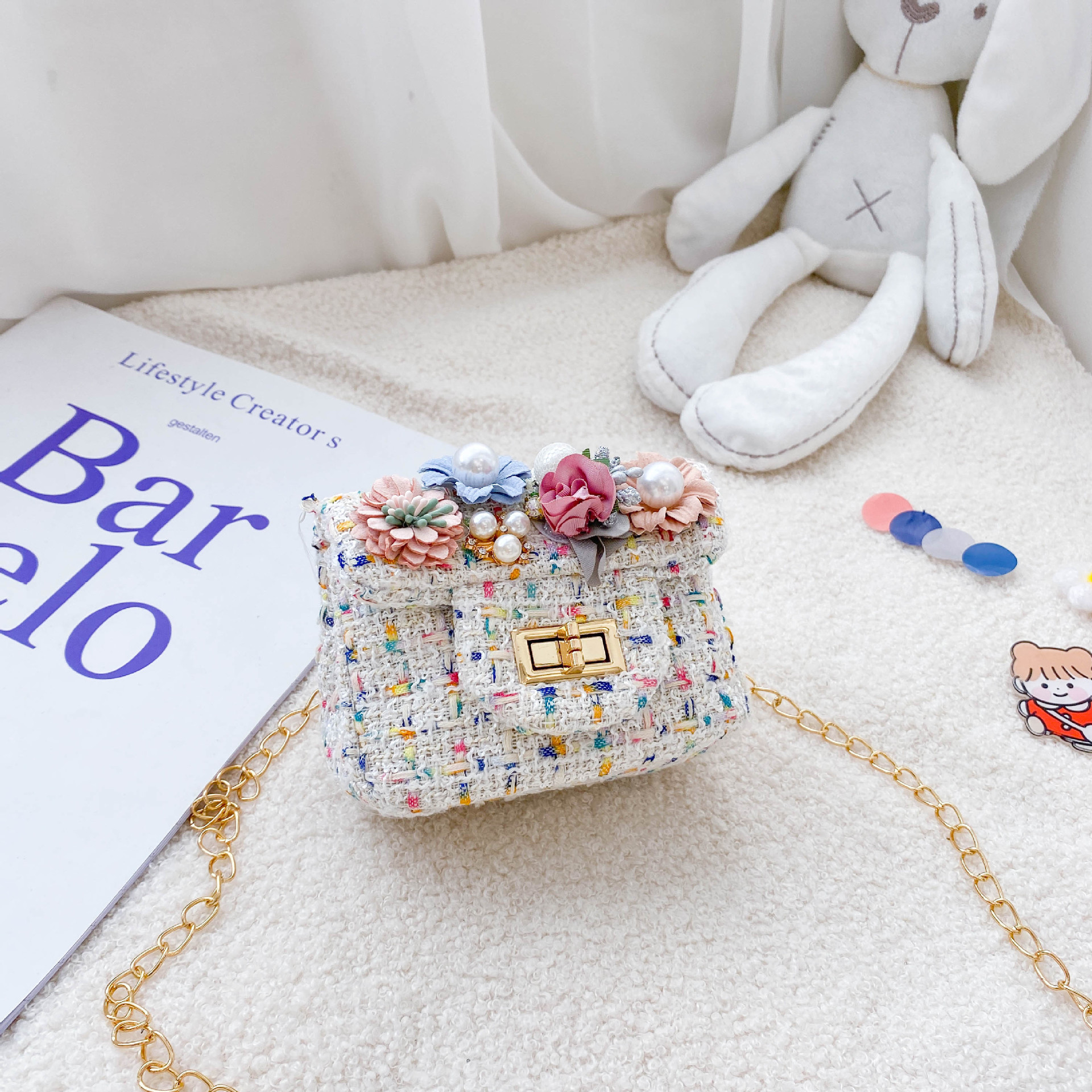Bolso de mensajero de los niños estilo coreano Flor de moda de lana crossbody monedero Chanel estilo niñas calle cadena bolso de hombro