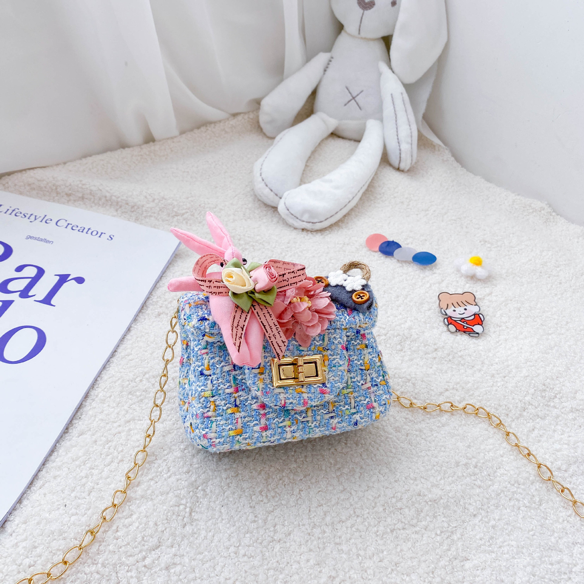 Bolso de mensajero de los niños estilo coreano Flor de moda de lana crossbody monedero Chanel estilo niñas calle cadena bolso de hombro
