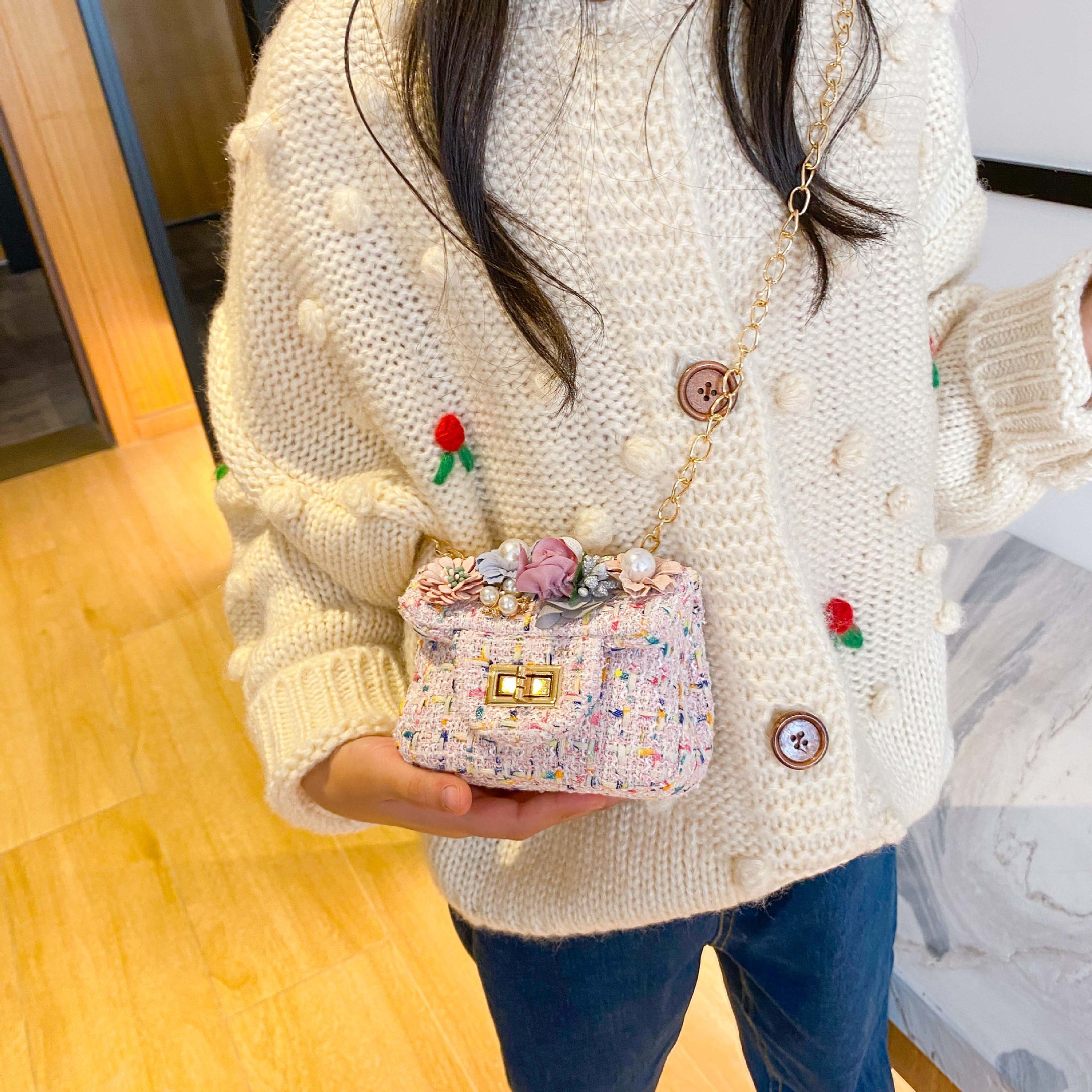 Bolso de mensajero de los niños estilo coreano Flor de moda de lana crossbody monedero Chanel estilo niñas calle cadena bolso de hombro